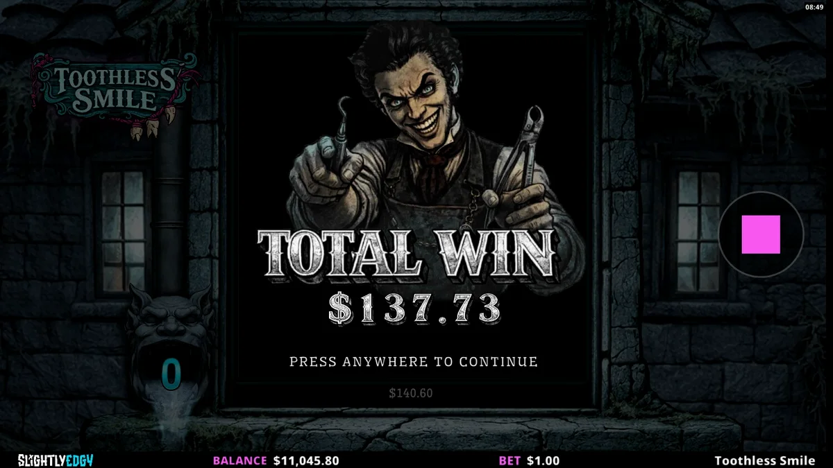 Isang madilim na dental horror themed slot machine na may mga simbolo ng pustiso at natatakot na mga pasyente.