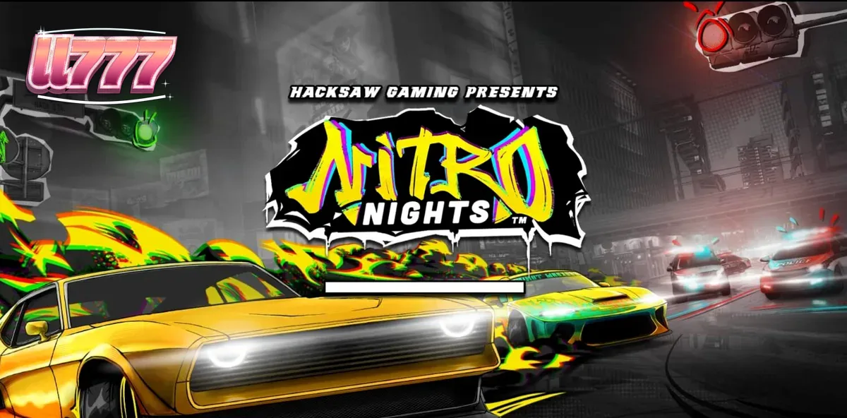 Isang neon-drenched na cityscape na may sports car mula sa Nitro Nights slot, na nagpapakita ng mabilis na karera sa kalye.